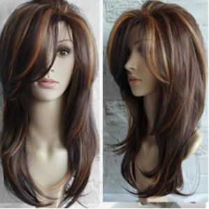 NEW Long Layered Brown wig with highlights and bangs